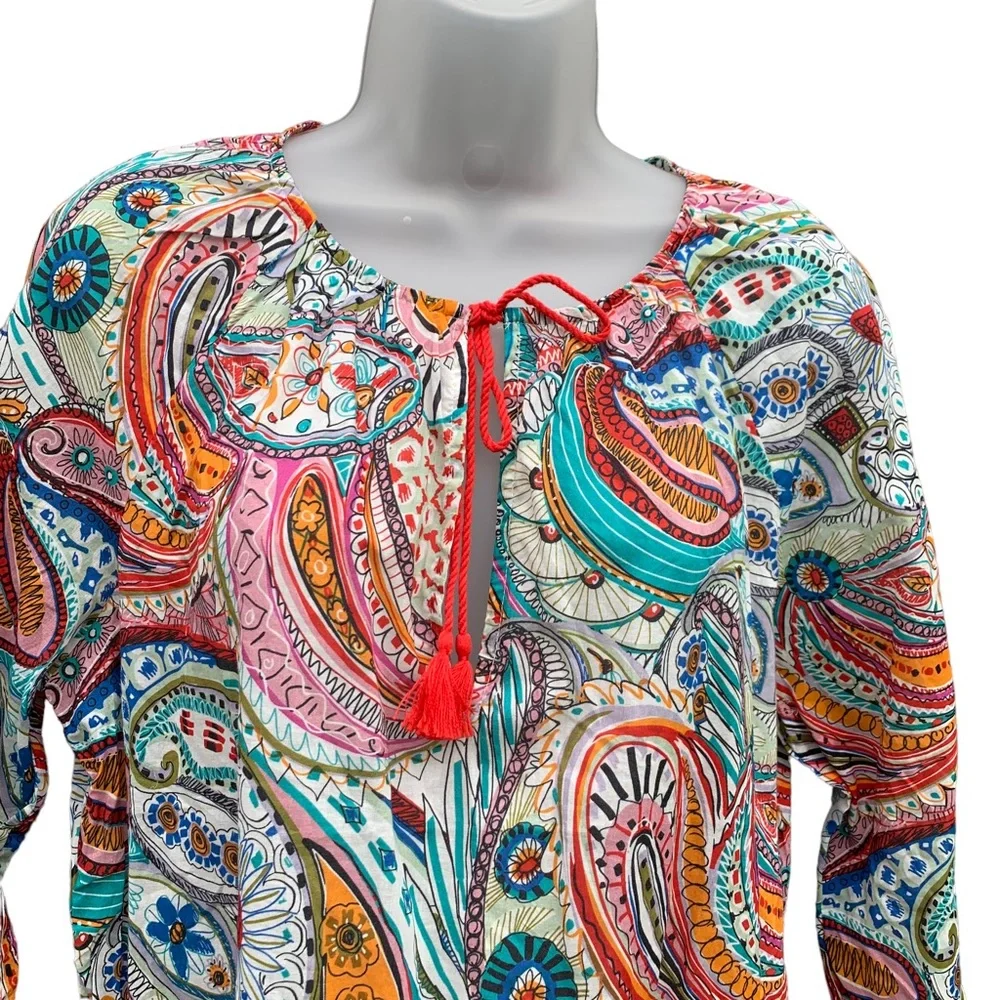 J CREW Women's Sz M Artful Floral‎ Boho Tassel Tie Beach Lightweight Tunic Top